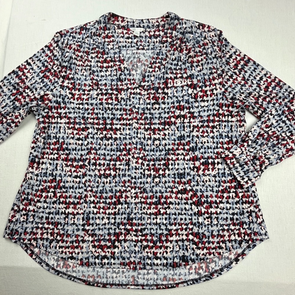 Cato Womens XL Red Blue Abstract Geometric Print V-Neck Long Sleeve Blouse Top